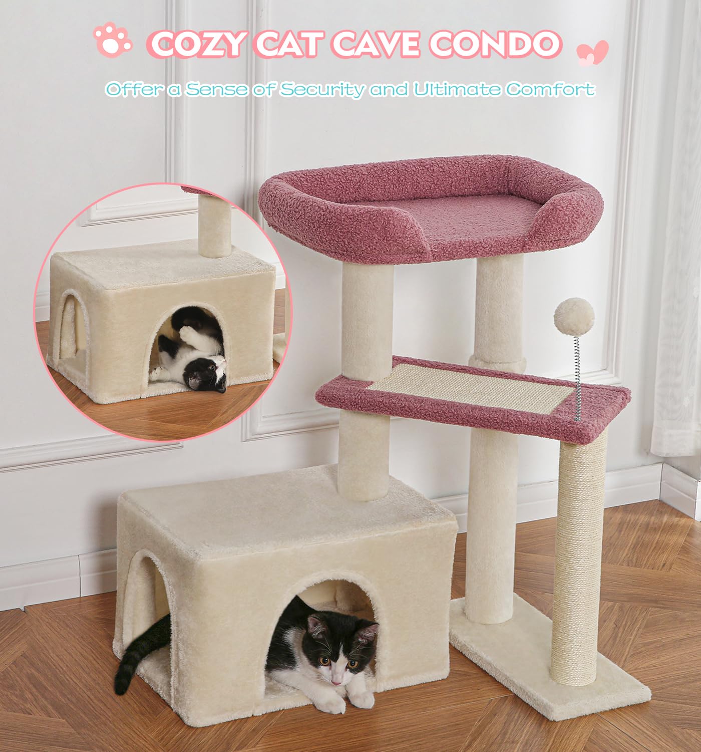 Made4Pets Pink Cat Tree, Carpet Cat Tower Grey For Indoors Cats, Cute Wood Kitty Condo With Scratching Post And Pad, 29'' Multi-